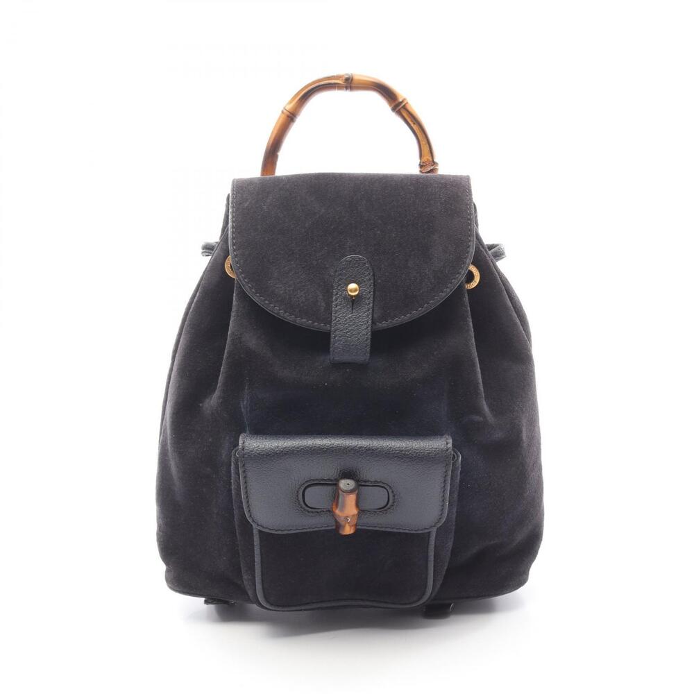Gucci Bamboo Drawstring Backpack Rucksack Suede Leather Navy Blue